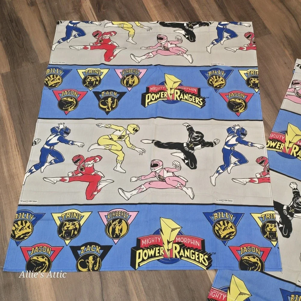 2 Power Rangers Curtains 1995 Blue Panels Boys Girls Vintage Room Decor 42x33